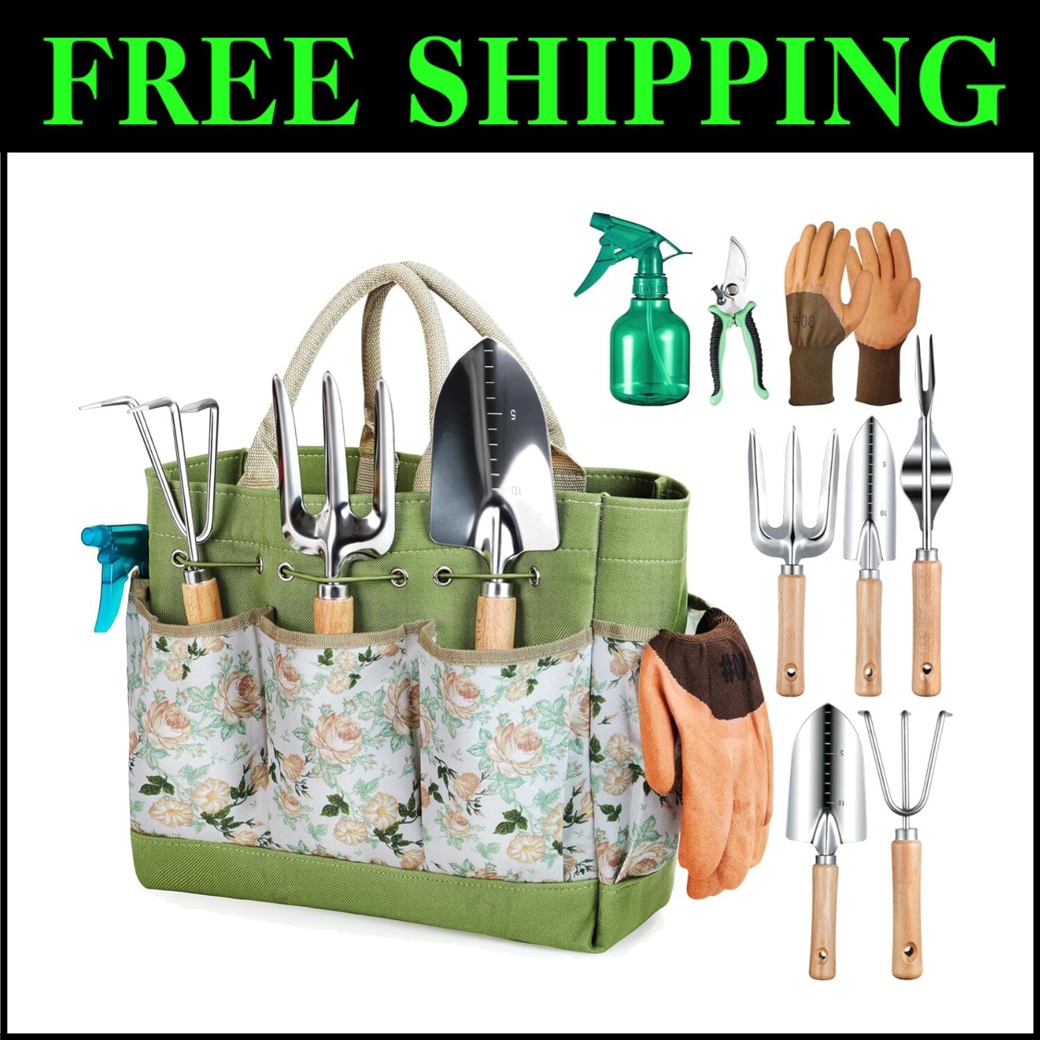 9-Piece Heavy Duty Gardening Tools Set with Floral Organizer Bag - Perfect Gift
