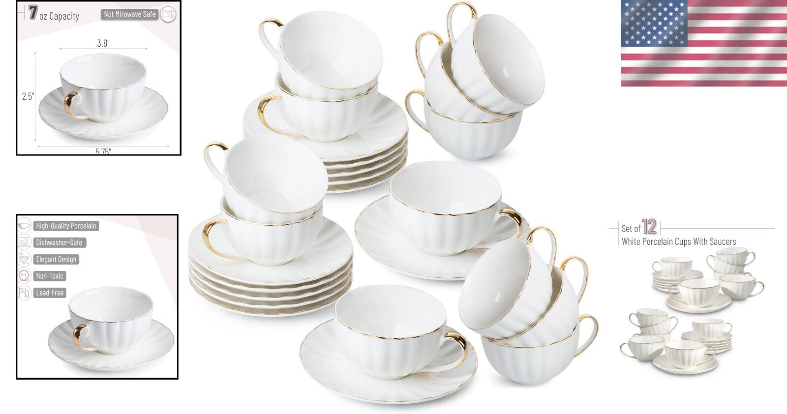 Premium 12-Cup Porcelain Tea Cup Set with Gold Accent - Perfect for Tea Lovers