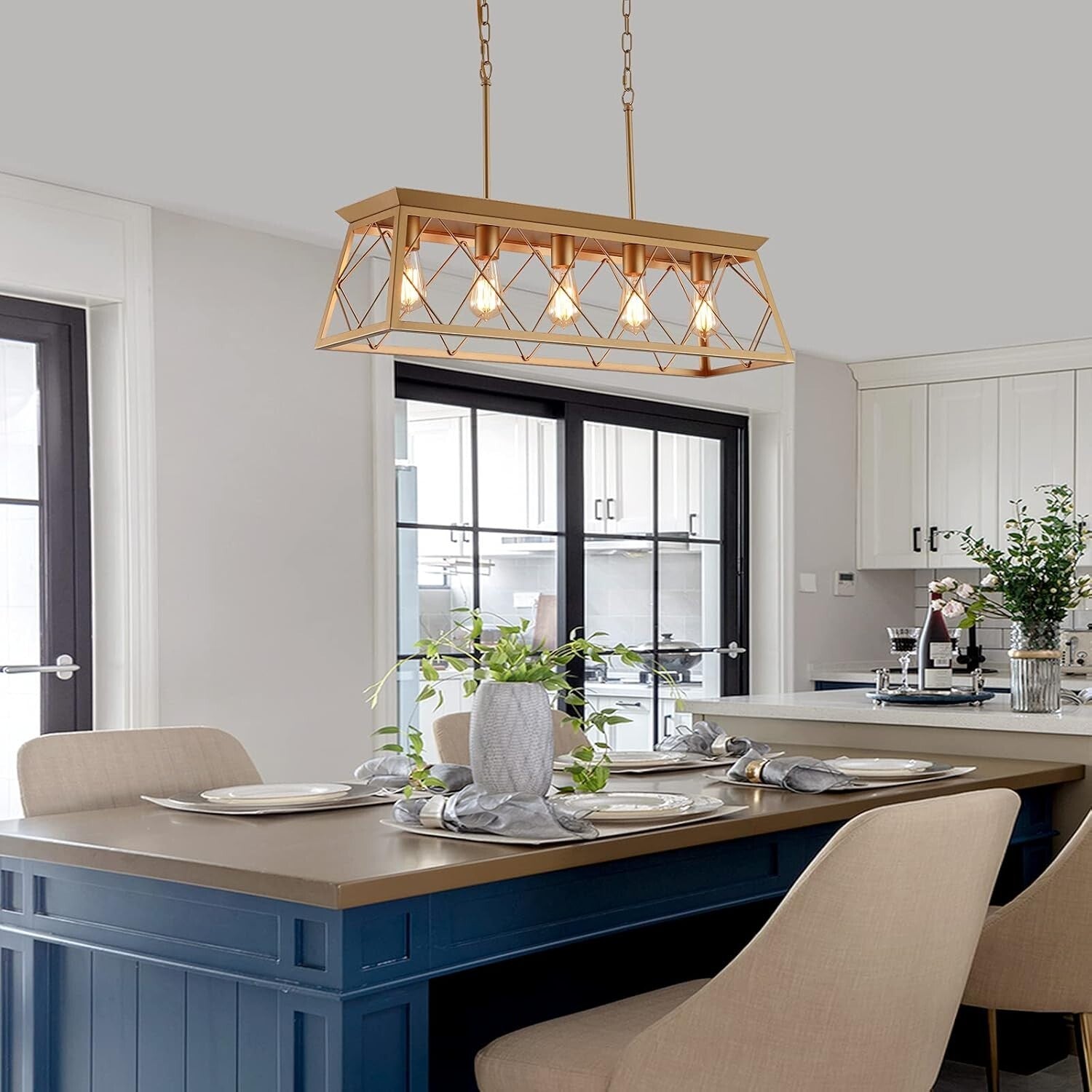 Adjustable 5-Light Gold Farmhouse Chandelier for Living Room and Dining Areas