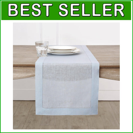 Elegant Light Blue 14 x 132 Inches Pure Linen Table Runner - Classic Hemstitch