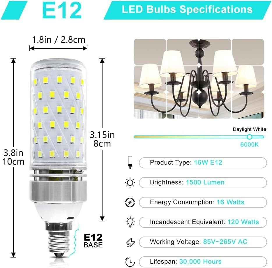 E12 LED Bulbs, 16W 1500LM Daylight White 6000K - Pack of 12 Energy-Saving Lamps