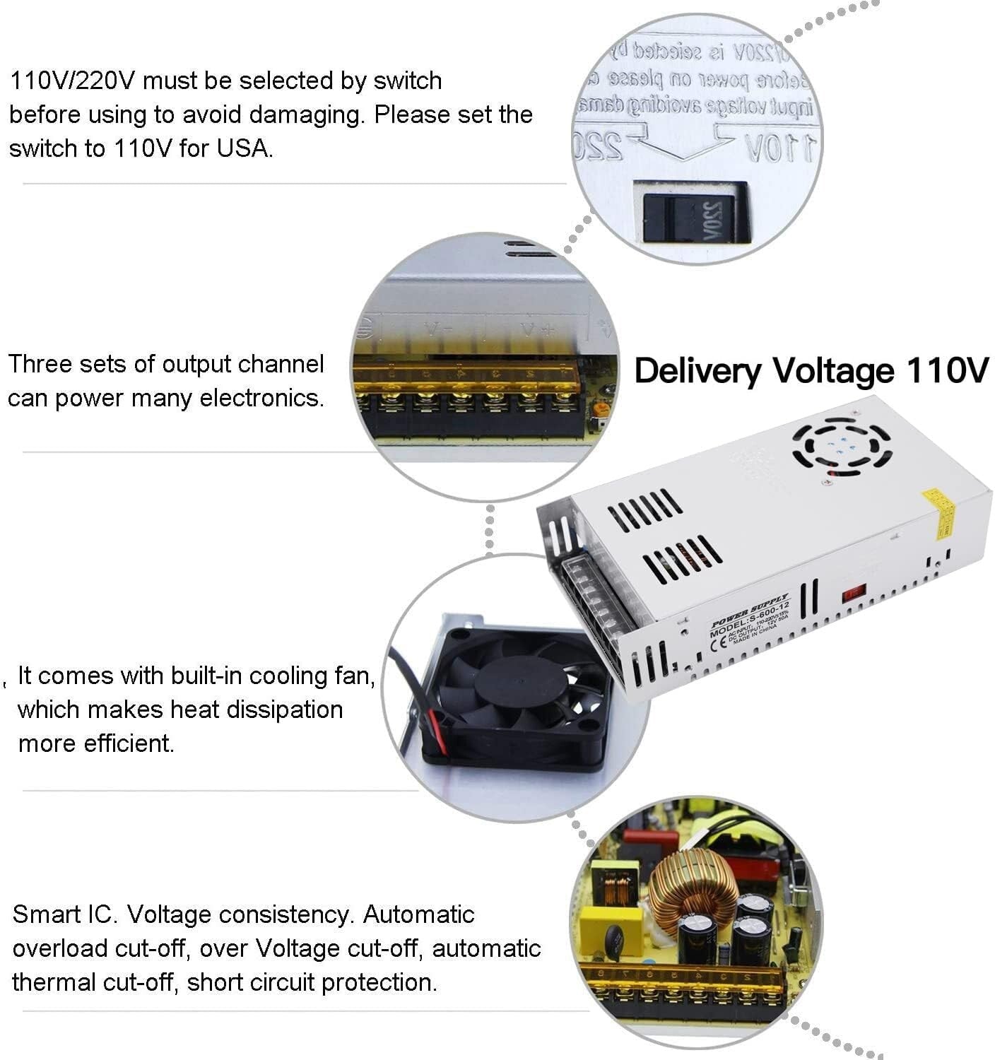 Efficient Switching Power Supply 12V 50A 600W - Adjustable AC 110V/220V Input