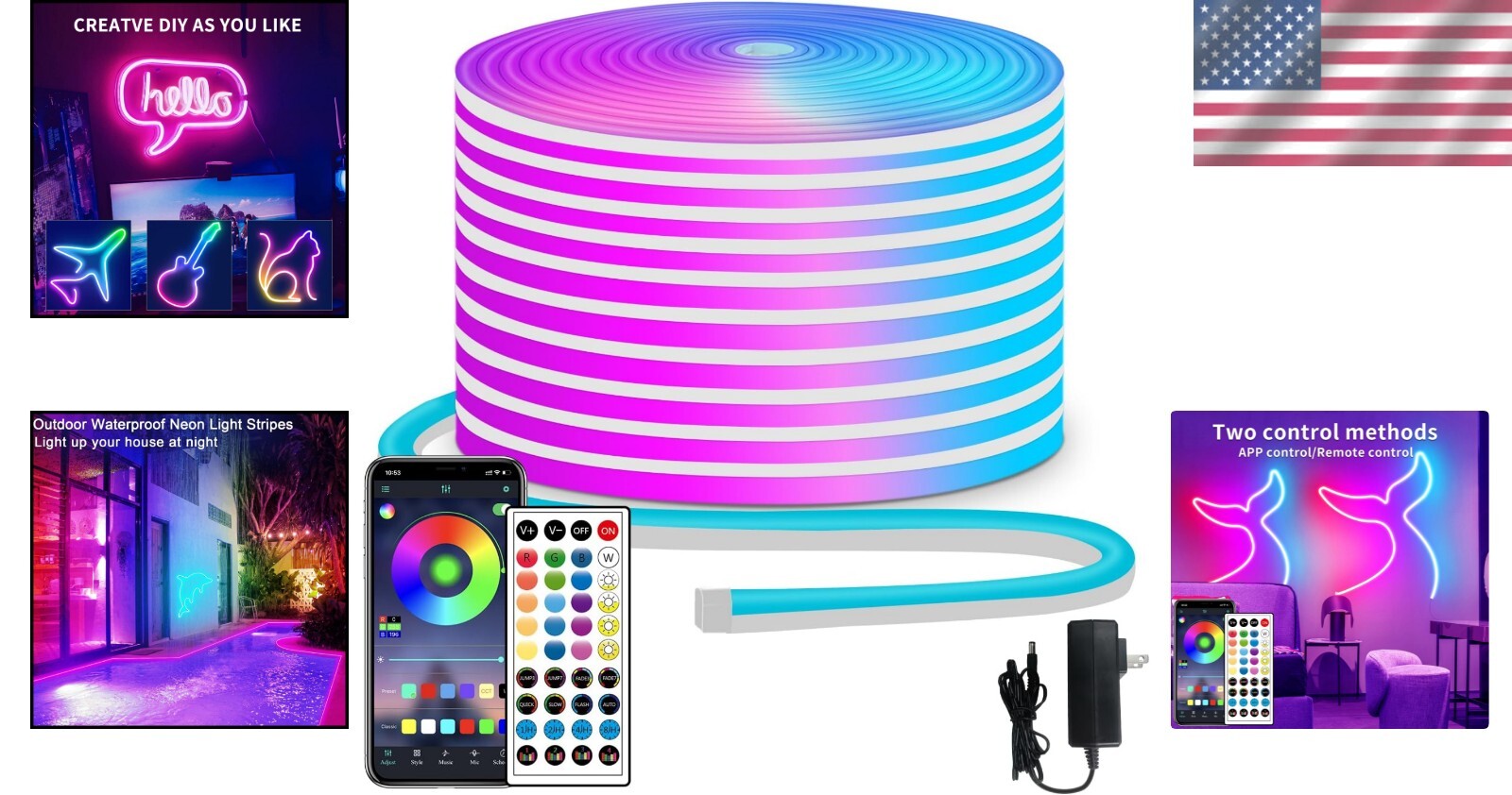 50ft RGB Waterproof LED Neon Strip Lights with Remote & App Control - 24V