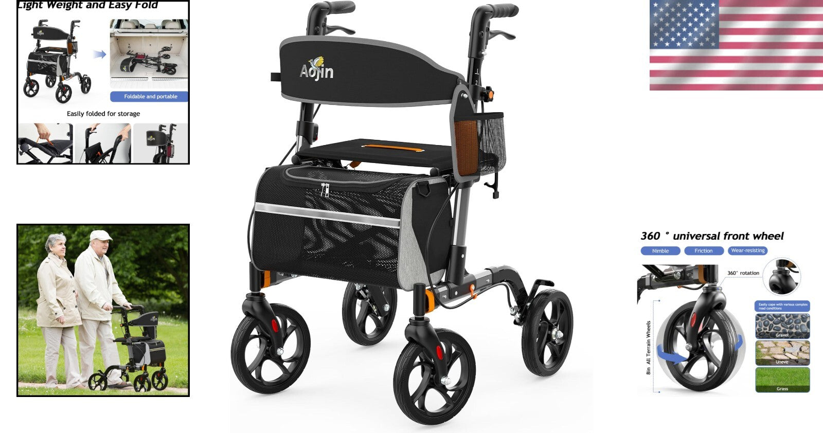 8-Inch Wheel Rollator Walker – Lightweight, Foldable with Travel Bag for Seniors