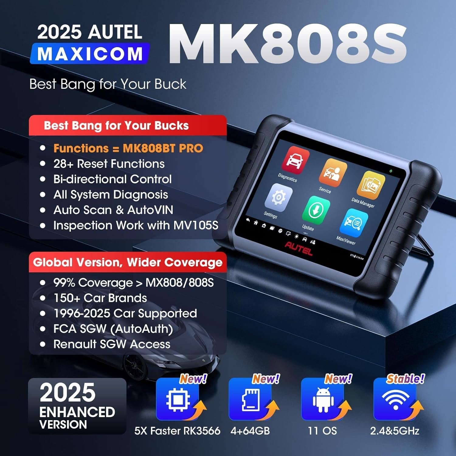 2025 MK808S Scanner: All-System Diagnostics with Wi-Fi Printing & 7-Inch Display