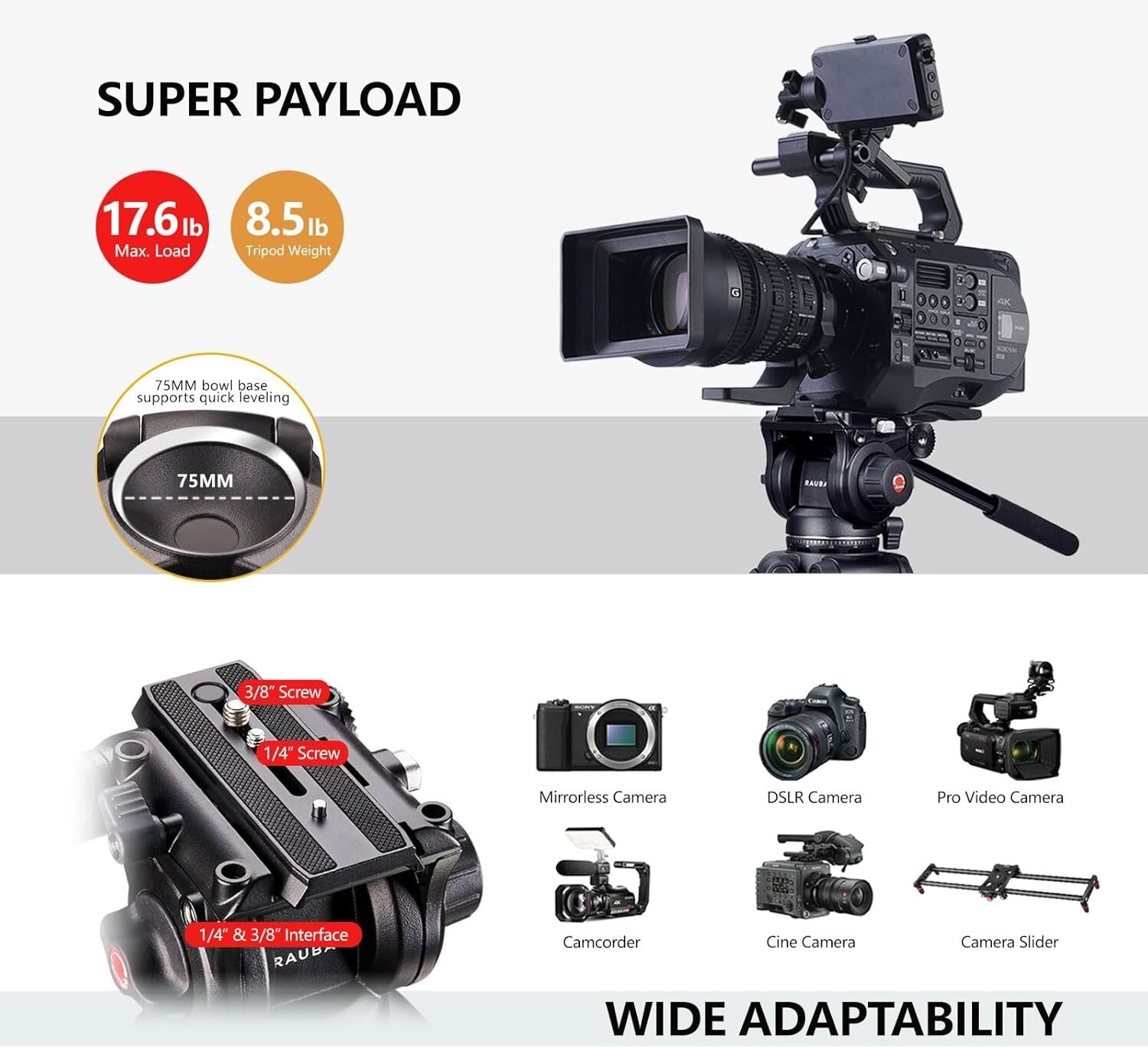 Aluminum Fluid Head Tripod: 70.8” Height, 17.6lbs Capacity for Stable Shots