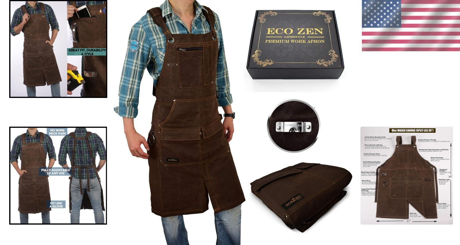Extra Long Fully Adjustable Waxed Canvas Shop Apron with 6 Pockets for Comfort