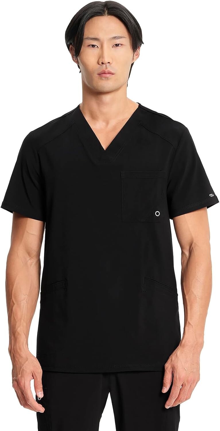 Stylish V-Neck Scrub Top for Men with Chest Pocket and Knit Back Panels