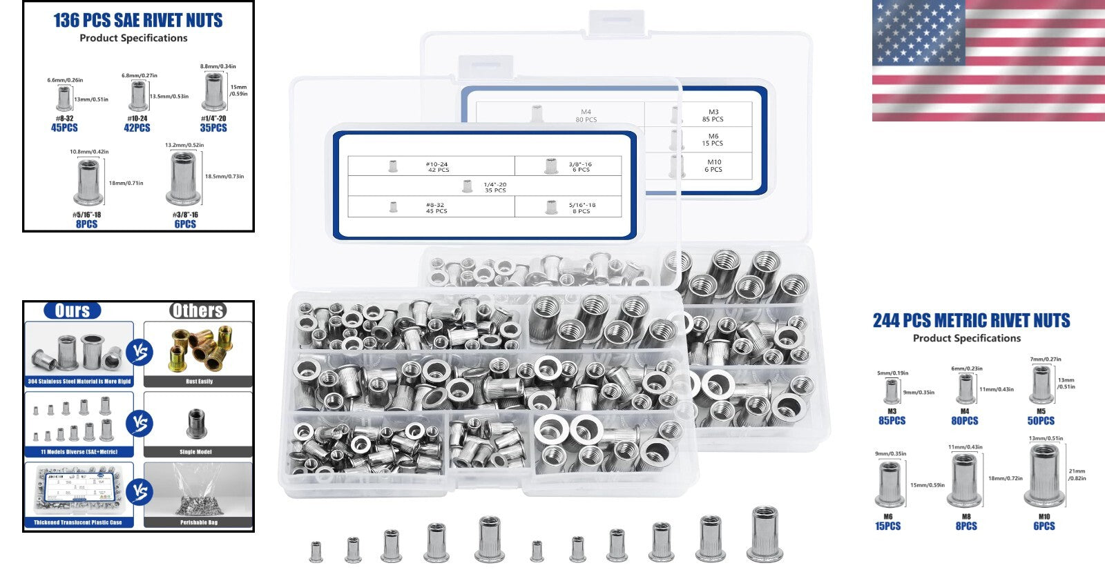 Durable Metric & SAE Rivet Nut Kit - 380pcs with Labelled Storage for Easy Use