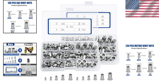 Durable Metric & SAE Rivet Nut Kit - 380pcs with Labelled Storage for Easy Use