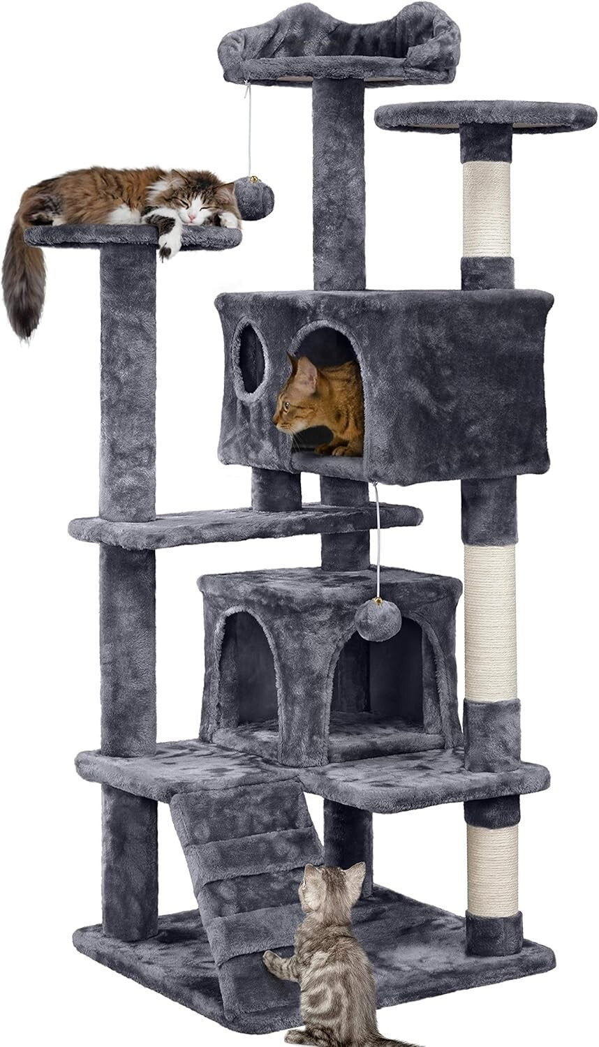 Durable 54-Inch Cat Tower with Plush Hideaways and Interactive Dangling Balls