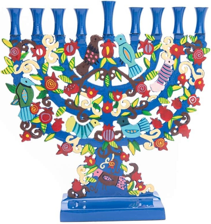 Stunning Blue Menorah Featuring Tree Design & Colorful Birds - Perfect Gift
