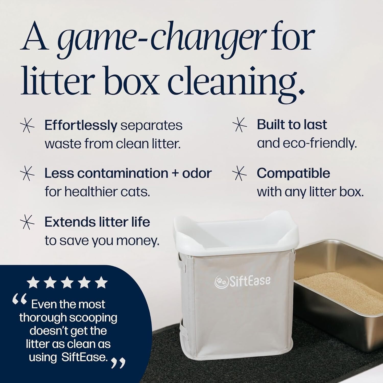 Light Grey Cat Litter Sifter - SiftEase with Deep Basket for Multi-Cat Homes