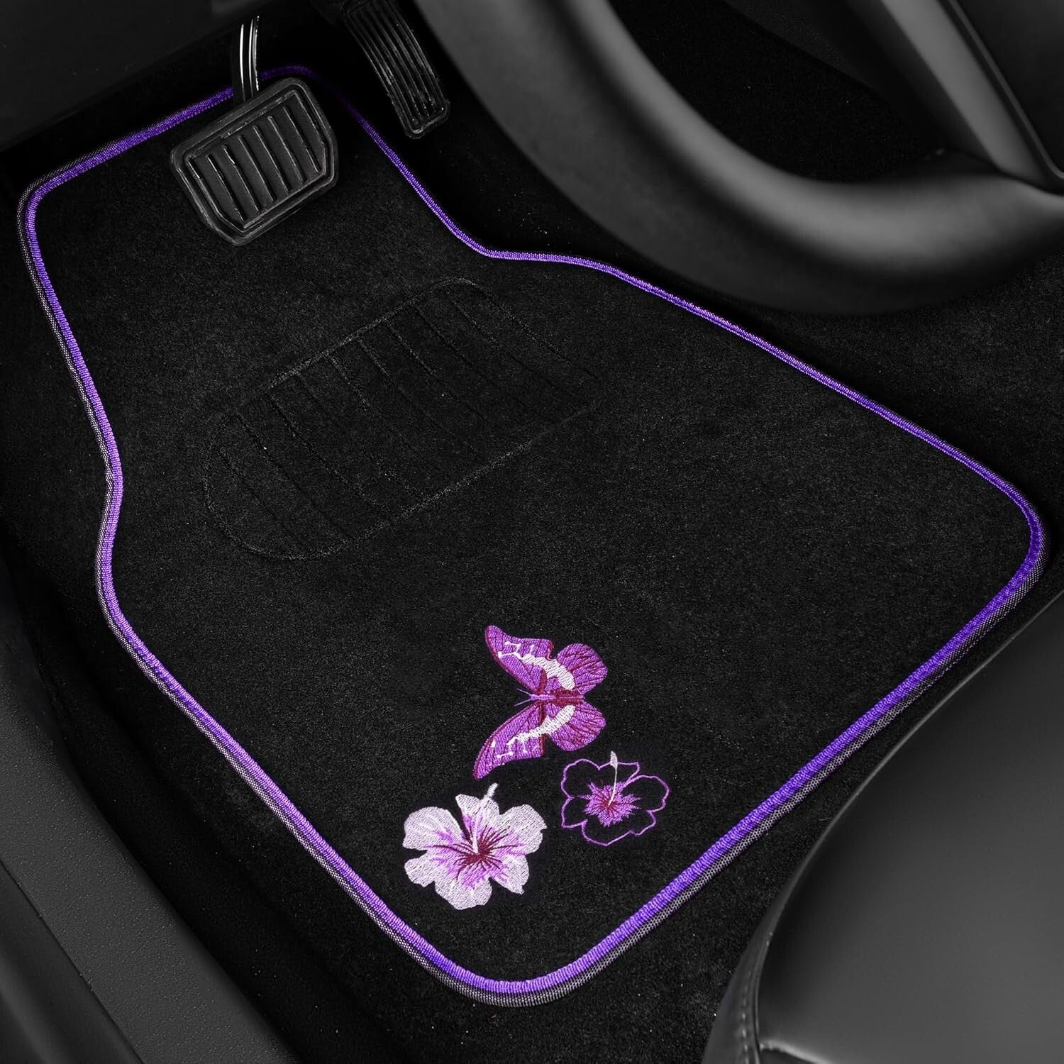 Elegant Purple Car Mats and Butterfly Steering Wheel Set - Easy Installation