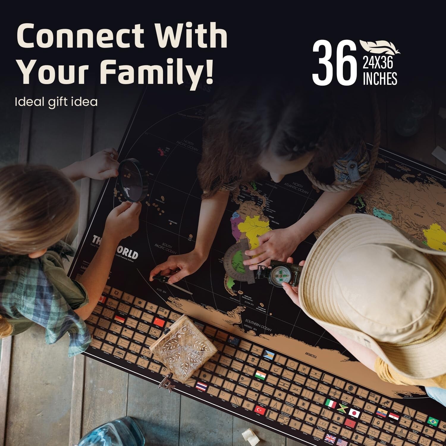 Large Matte Black Scratchable World Map with Flags and Wood Frame - Travel Decor