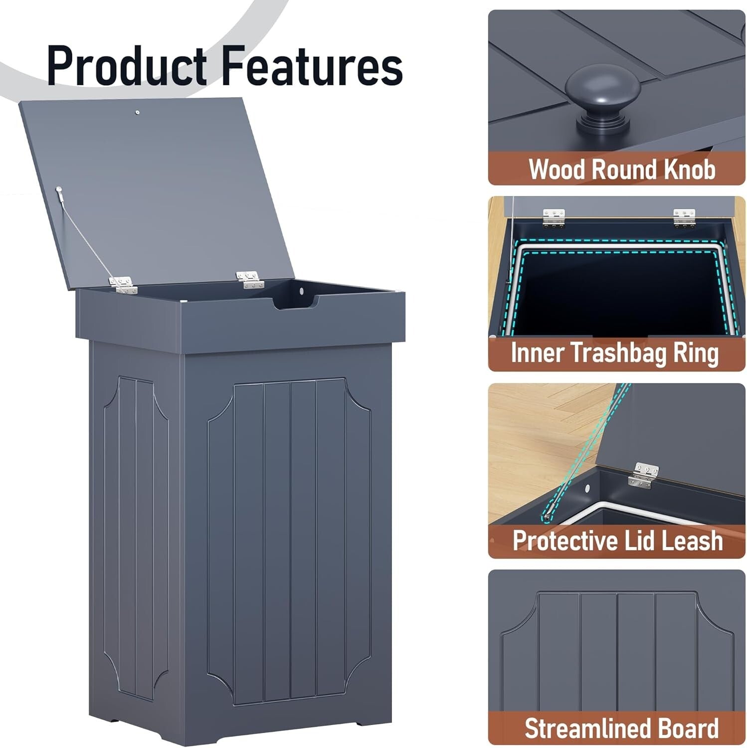 Elegant 13 Gallon Trash Bin with Lid - Durable Eco-Friendly Wooden Design