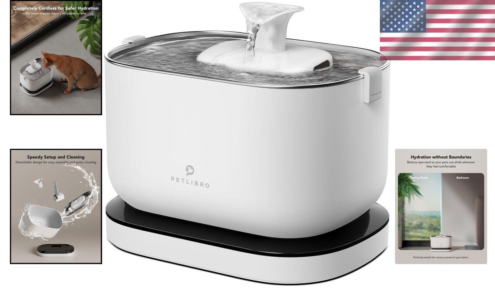 Cordless 2.5L Battery-Operated Cat Water Fountain with Stainless Steel Tray