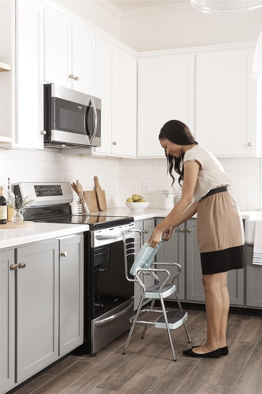 Functional Teal Chair with Flip-Up Step Stool and Non-Marring Legs - Adult Size