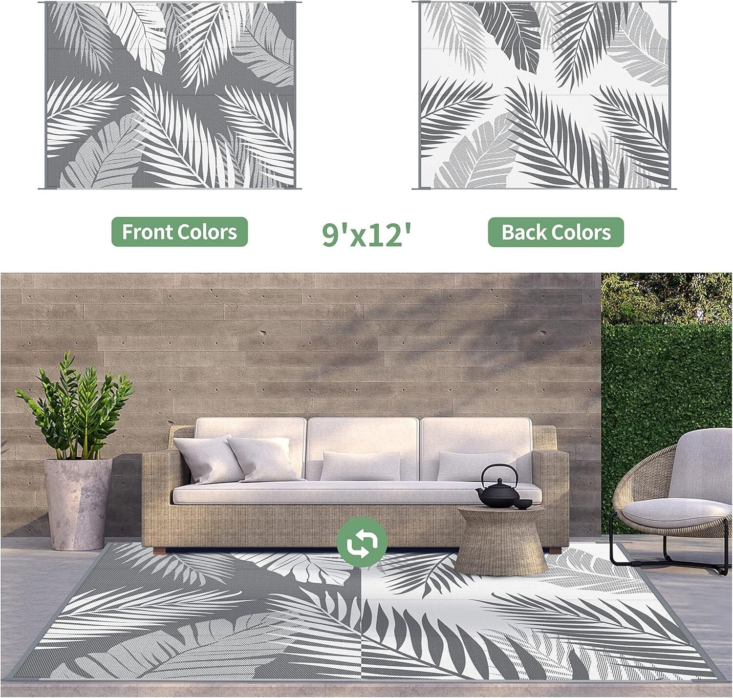 Versatile 9x12 Outdoor Carpet with Palm Leaf Design - Perfect for Decks &Picnics