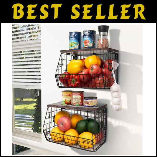 Elegant Kitchen Organizer: Metal Fruit Basket with Wooden Lid & Banana Hangers