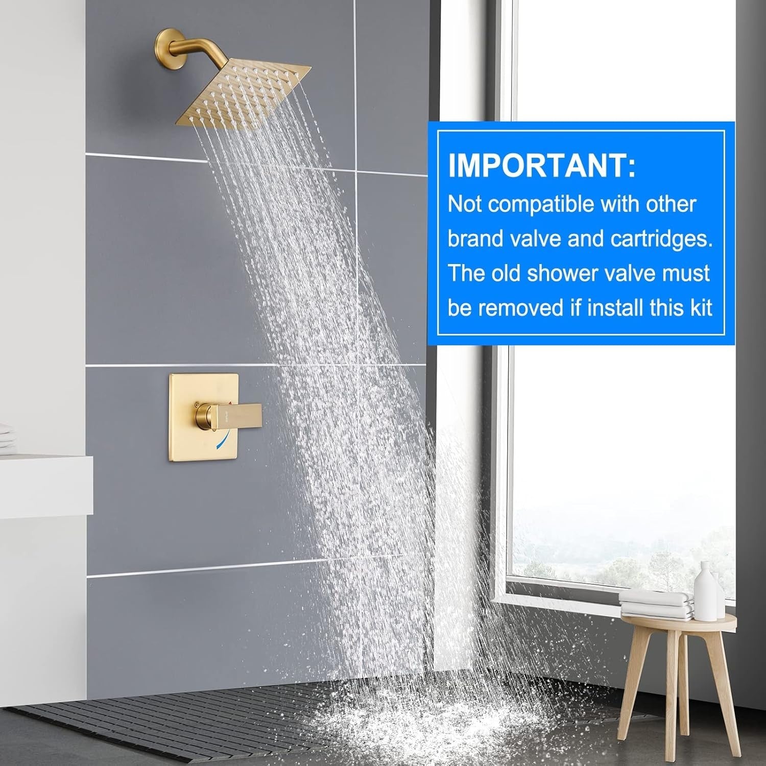 Brushed Gold Shower Faucet Set - Rain Shower Head, Valve & Trim Included