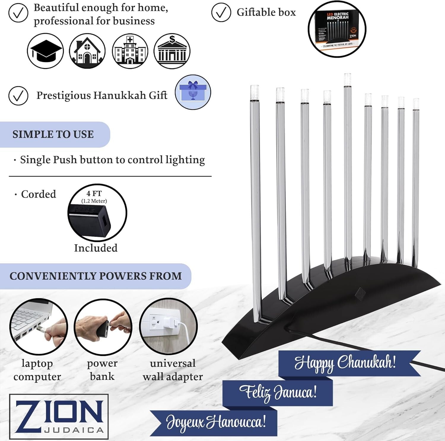 Modern Chanukah Menorah - Black & Silver LED Design with Multi-Power Options