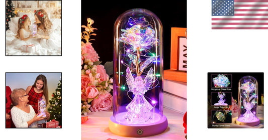 Charming Preserved Rose and Angel Figurine in Glass Dome - Versatile Home Decor