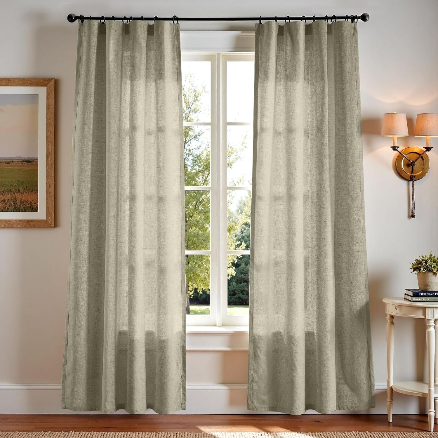 Elegant Light Green Linen Blend Curtains - 84" Long for Rustic Living Spaces