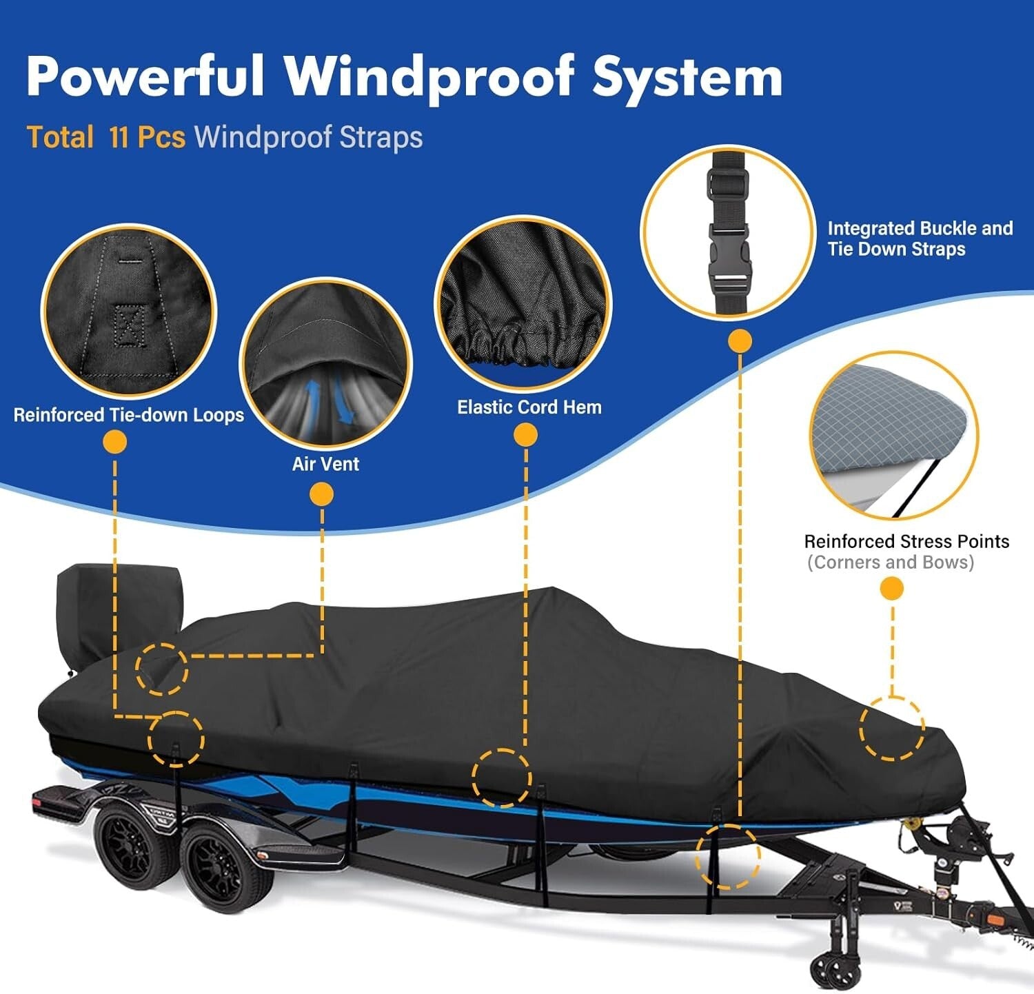 Universal 1200D Waterproof Boat Cover - Fits 16' to 18.5' Runabout & Ski Boats