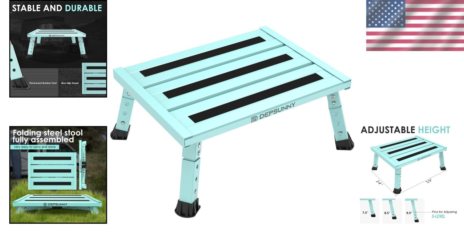 Adjustable Height Aluminum RV Step Stool - Supports 1,000 lbs, Non-Slip Design