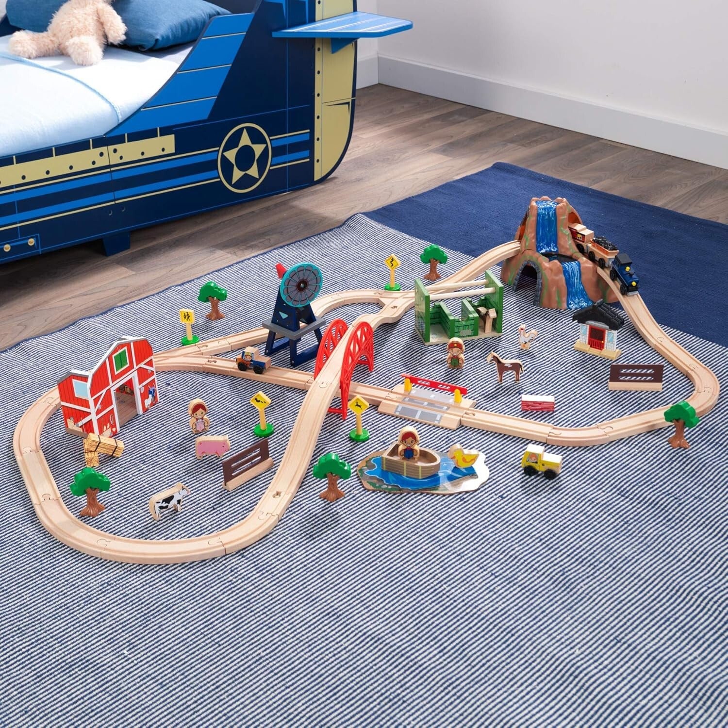 Detailed 75-Piece Children’s Wooden Train Set - Farm-Themed Play Adventure