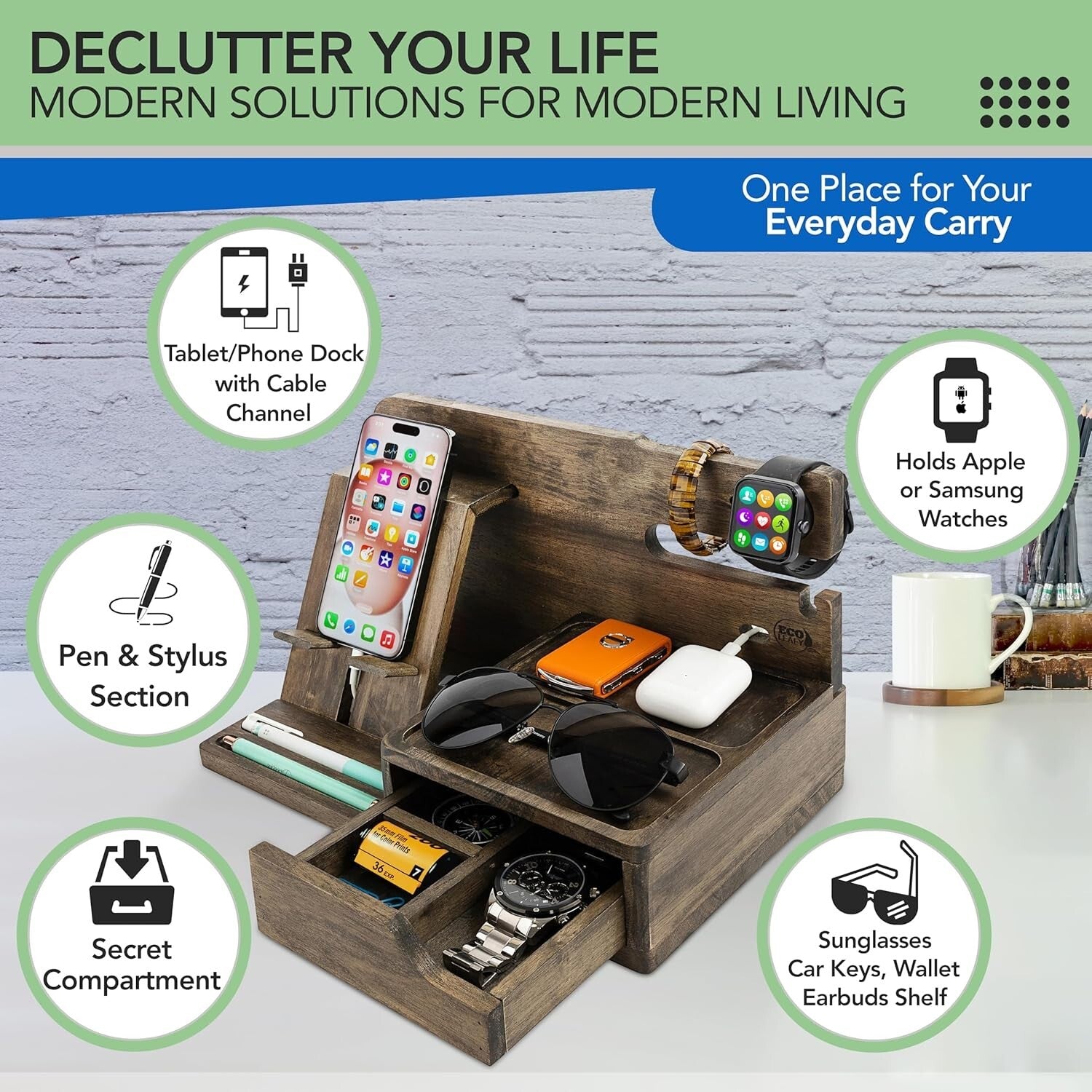 Elegant Rustic Gray Nightstand Organizer - Functional Dock for Phone & Wallet