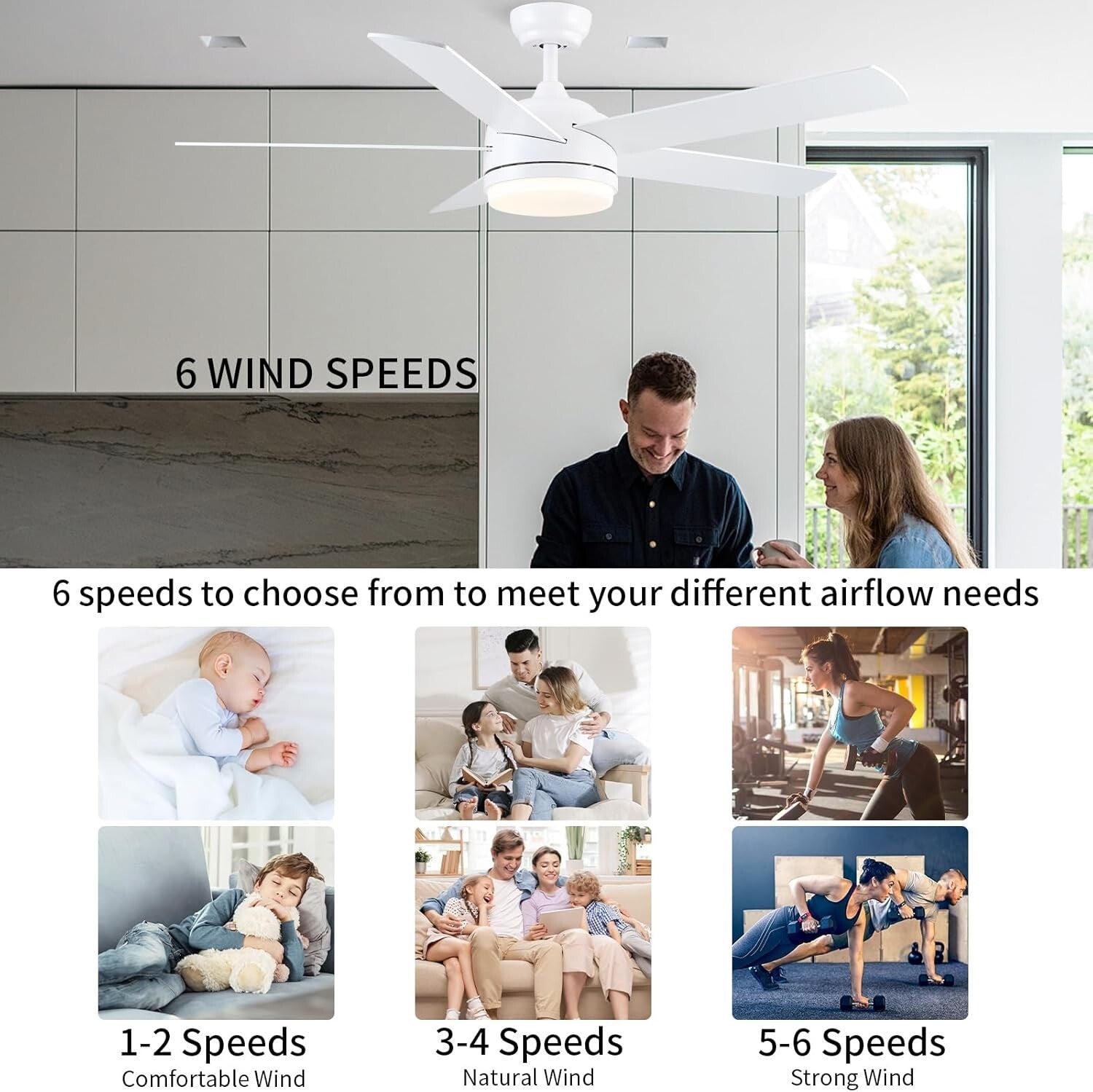 52 Inch White DC Ceiling Fan with Remote & Dimmable LED Light - Modern Elegance