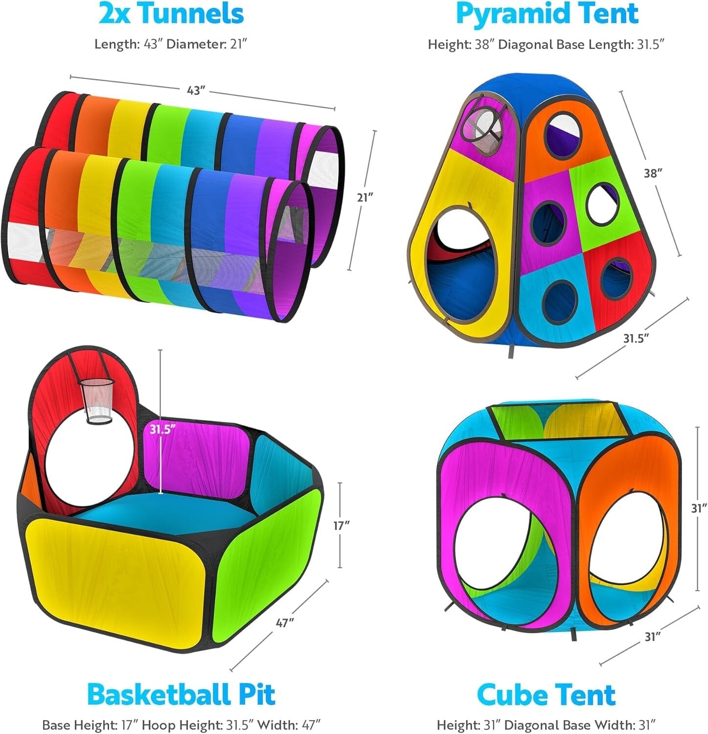 Durable 5pc Indoor/Outdoor Kids Play Tents with Crawling Tunnels & Ball Pit