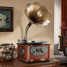 Load image into Gallery viewer, Vintage Phonograph Retro Turntable with Copper Horn – Bluetooth &amp; Aux Input
