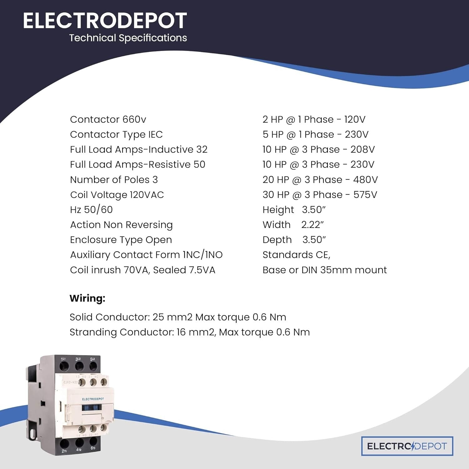 30A 3-Pole Contactor with 110V Coil and 32A Motor Control, 600V Rated