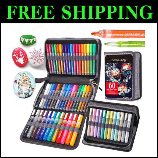 60-Color Acrylic Paint Pens Set - Metallic Markers for Rock, Glass & Wood Art