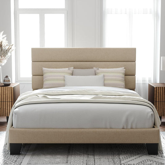 Elegant Full Size Platform Bed with Upholstered Headboard – No Box Spring Needed
