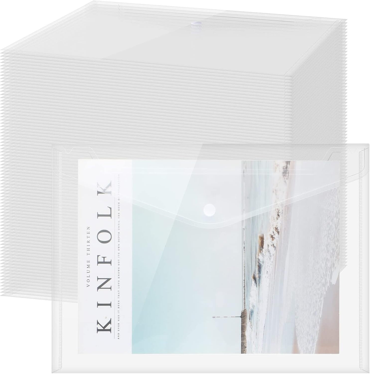 100 Lightweight A4 Clear Document Envelopes - Snap Button Closure for Security