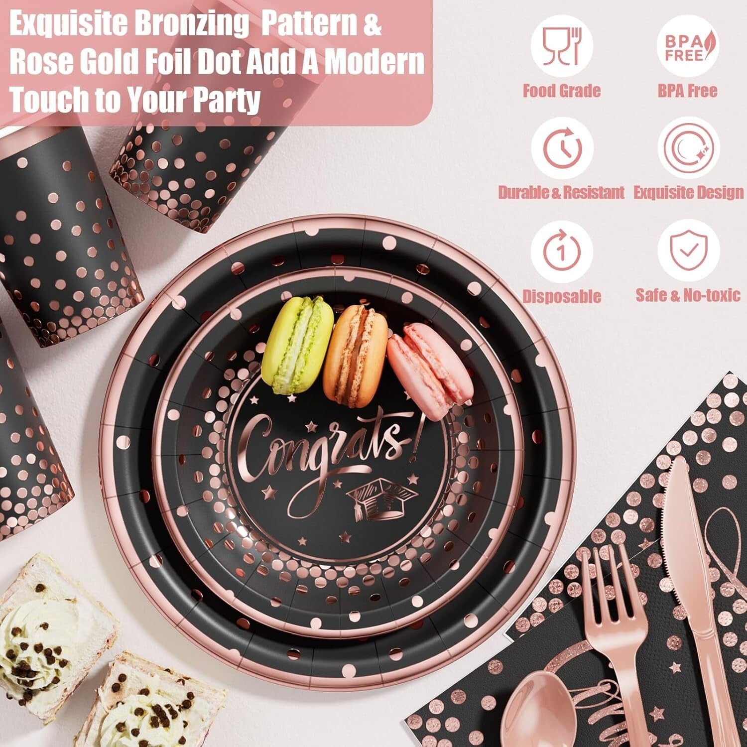 Complete 2025 Graduation Celebration Kit - 245 PCS in Black, Pink & Rose Gold