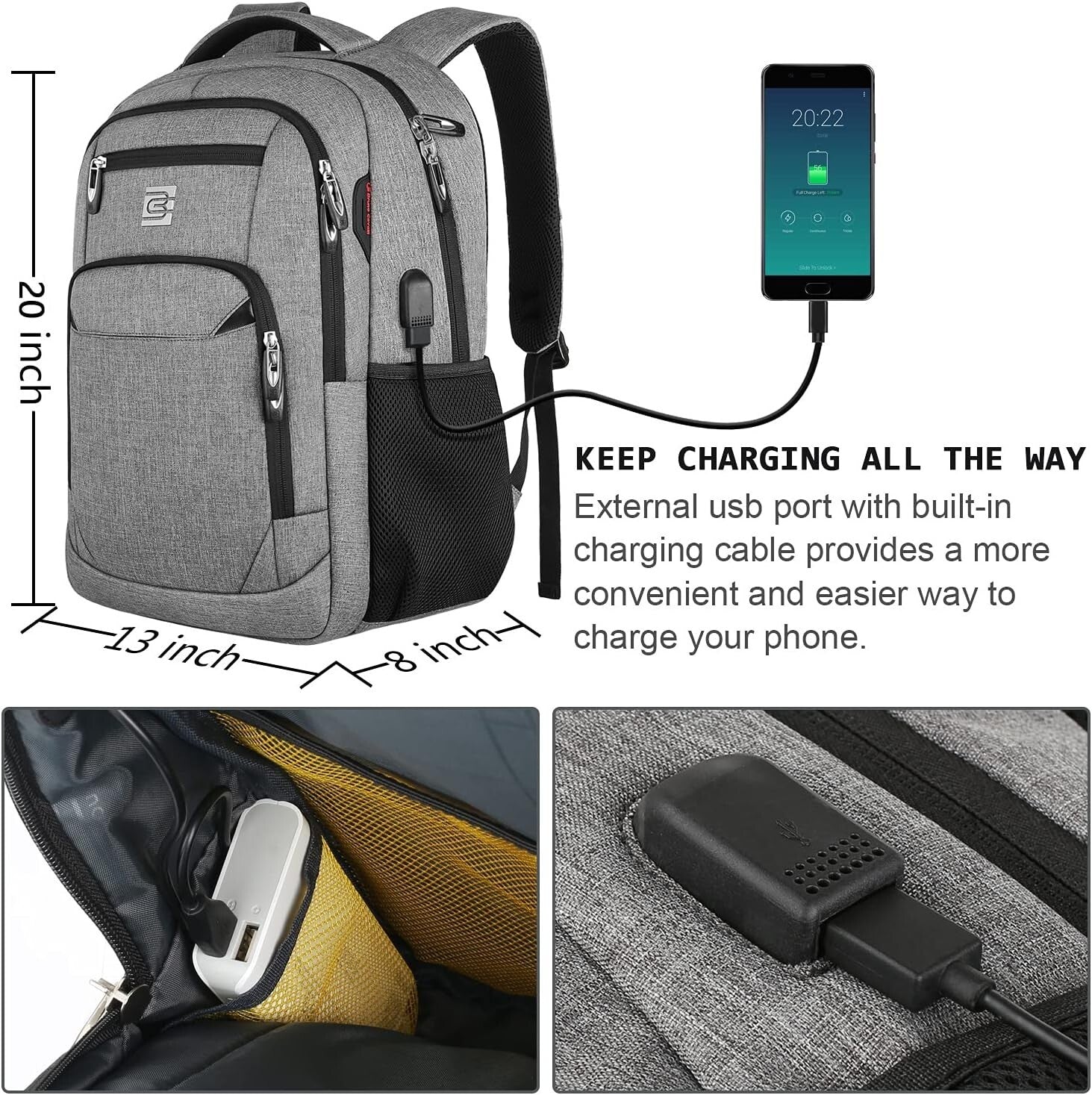 17-Inch Anti-Theft Laptop Backpack with USB Charging & Water Resistance in Grey