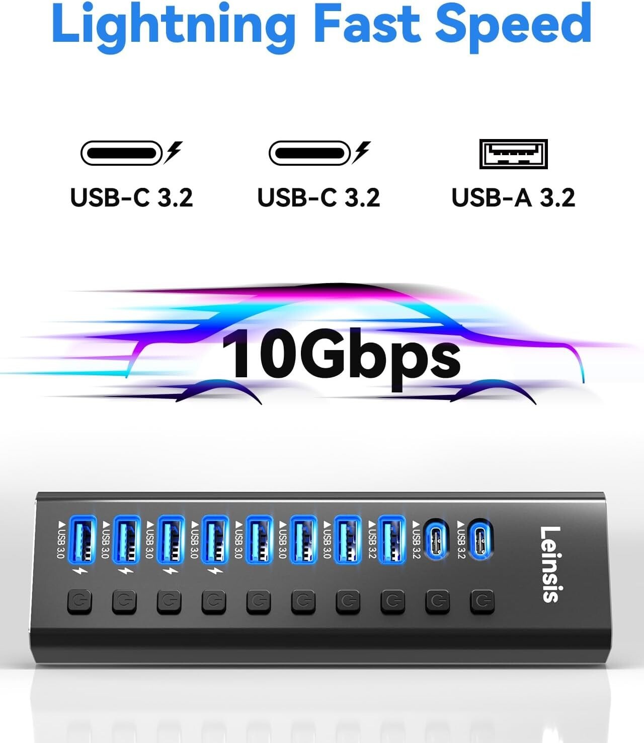 10-Port USB 3.2 Hub with Power Adapter & Individual Switches for Devices