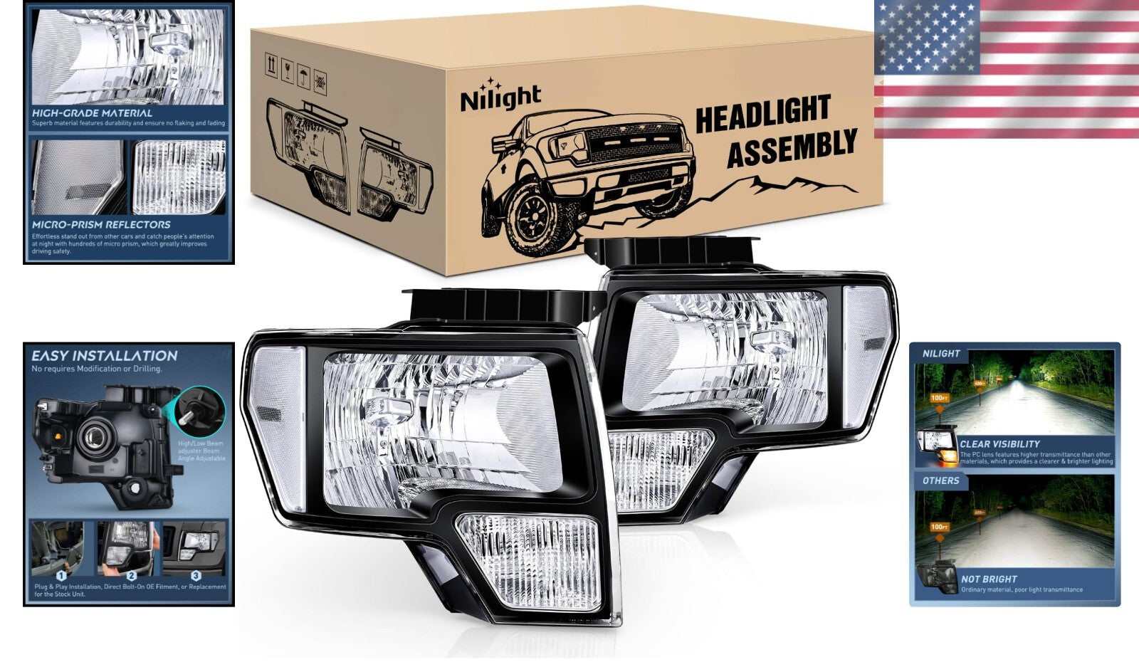 Black Housing Clear Lens Headlight Replacement for 2009-2014 F150 Truck 2-Pack