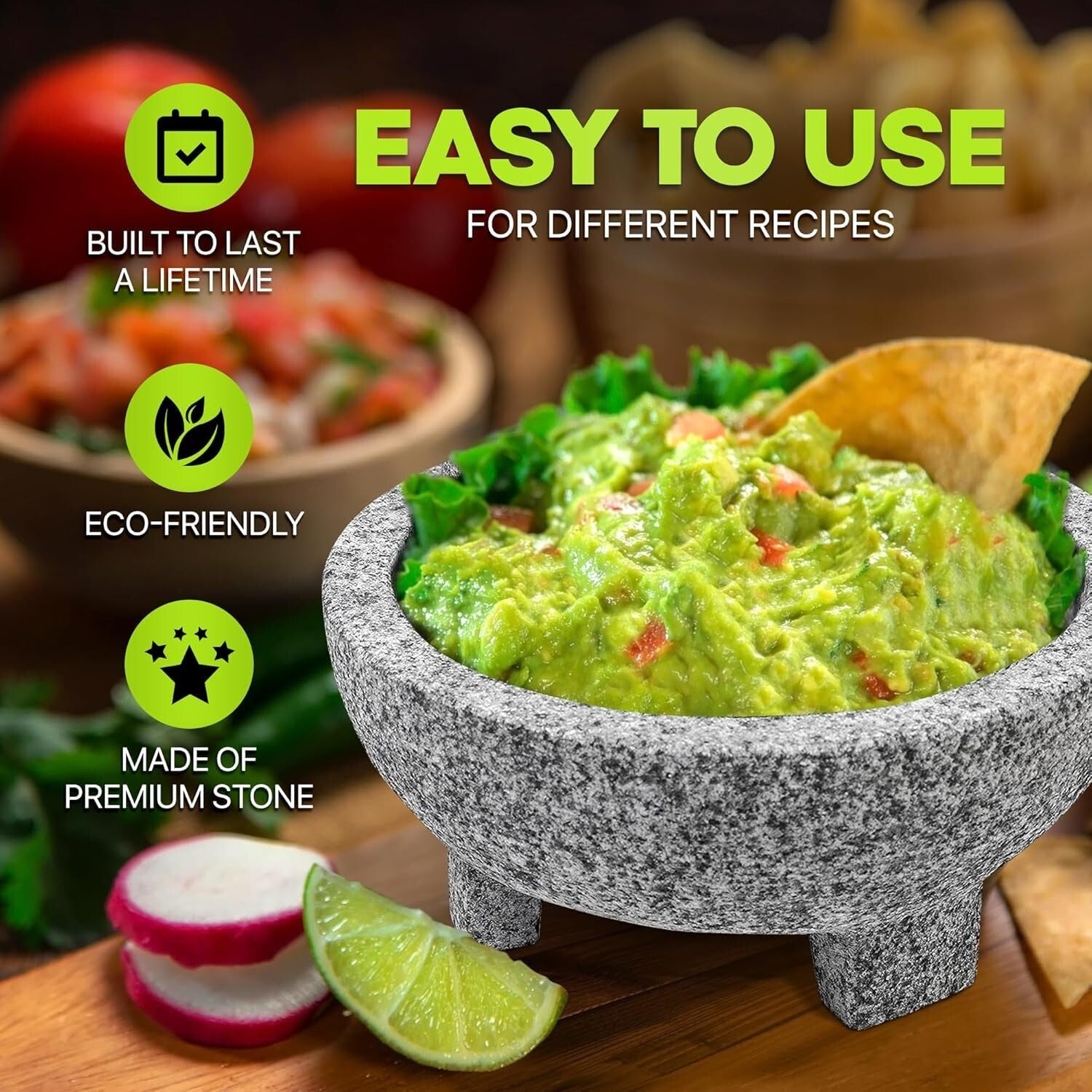 Handcrafted 8-Inch Granite Molcajete Set - 2 Sets for Authentic Spices & Sauces