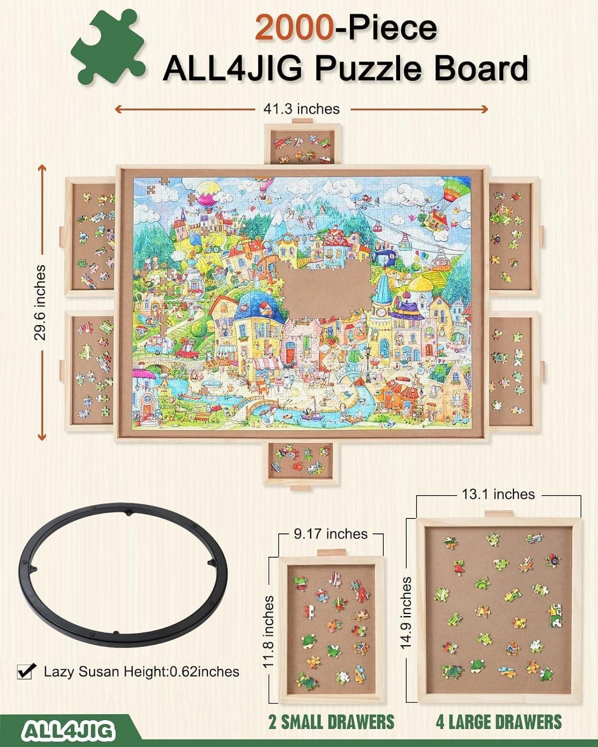 2000-Piece Rotating Wooden Puzzle Board with 6 Drawers & Lazy Susan - Portable