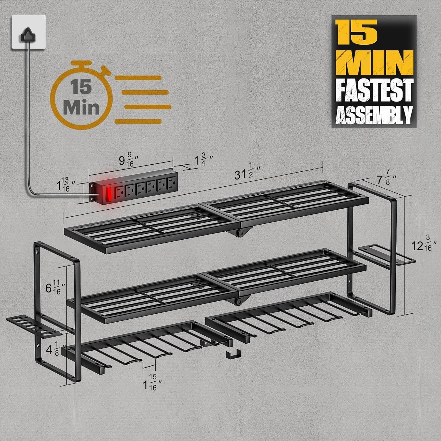 3-Layer Tool Storage Shelf with Detachable Power Strip - Ideal for Garage Space