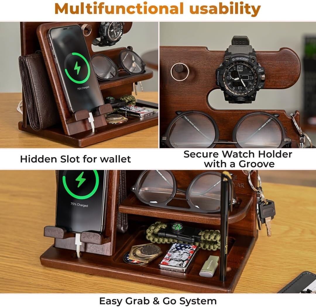Elegant Wood Phone Docking Station & Organizer for Desk or Nightstand Gifts