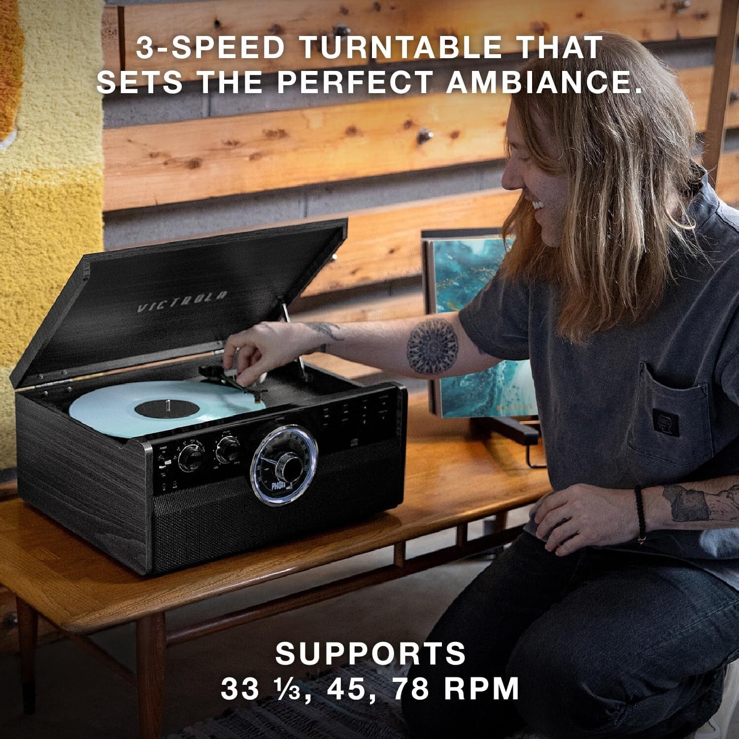 Elegant Espresso 3-Speed Turntable & Multimedia Center with Cassette & CD Player