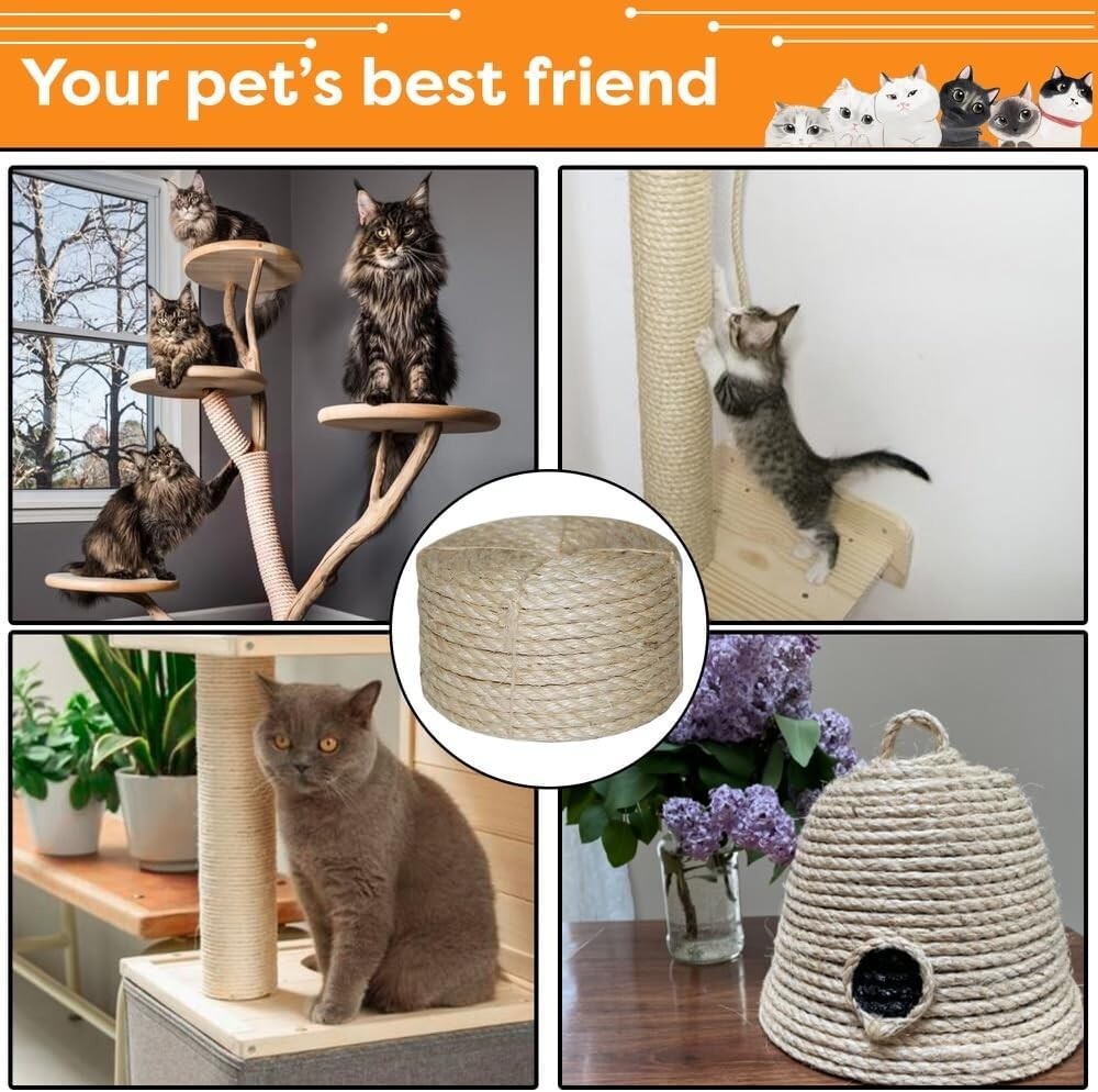 Multipurpose Twisted Sisal Rope 100 ft - Ideal for DIY, Crafts & Cats