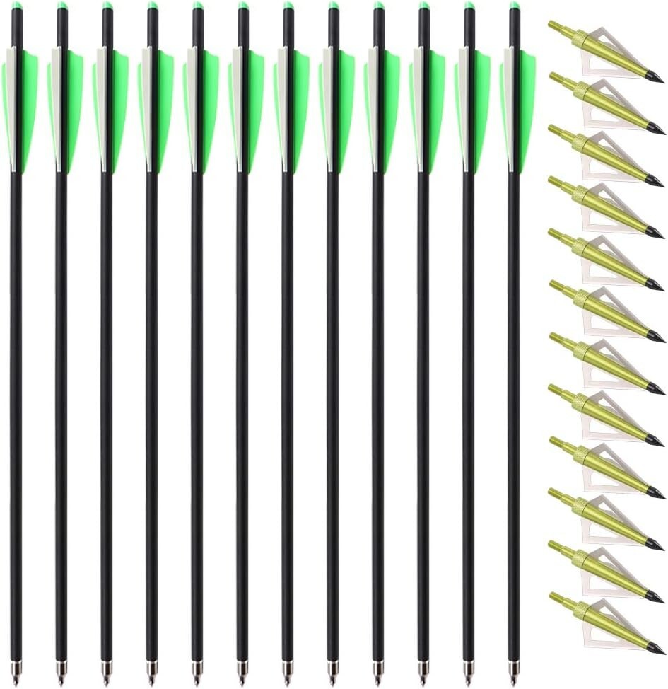 12-Pack 20-Inch Carbon Arrows with 3-Blade Broadheads for Compound Bows